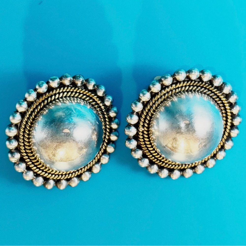 VTG 925 Signed LATON MEXICO Dome Clip Earrings